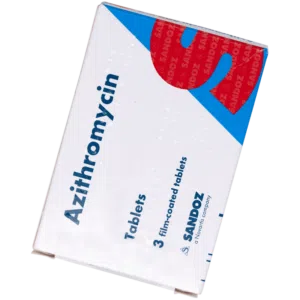 White Azythromycin box with blue flare and red 